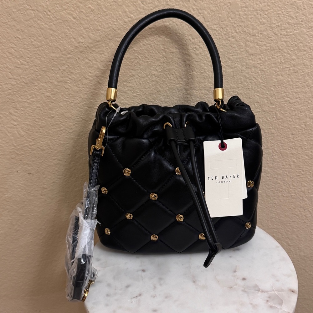 NWT TED BAKER LONDON Classic Rosette studs Bucket Black leather crossbody Bag